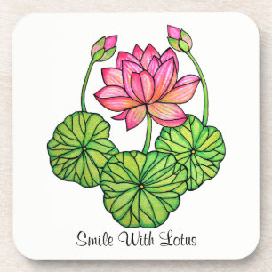 Watercolor Pink Lotus with Buds & Leaves Coaster