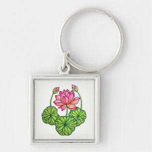 Watercolor Pink Lotus with Buds & Leaves Keychain