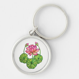 Watercolor Pink Lotus with Buds & Leaves Keychain