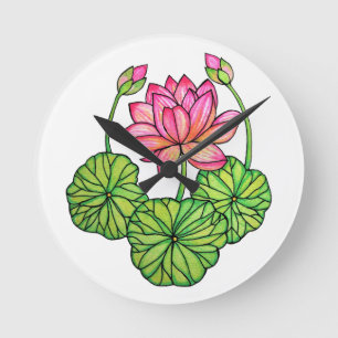 Watercolor Pink Lotus with Buds & Leaves Round Clock