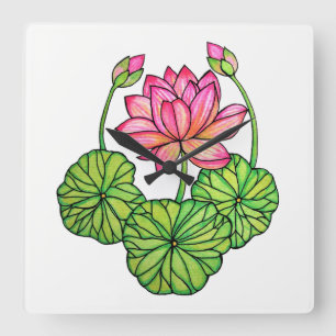 Watercolor Pink Lotus with Buds & Leaves Square Wall Clock
