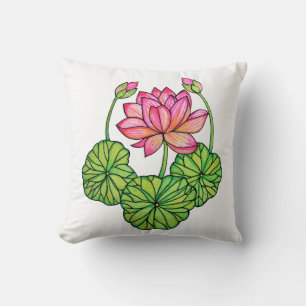Watercolor Pink Lotus with Buds & Leaves Throw Pillow