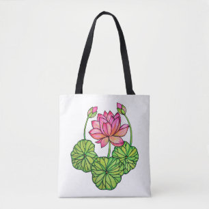 Watercolor Pink Lotus with Buds & Leaves Tote Bag