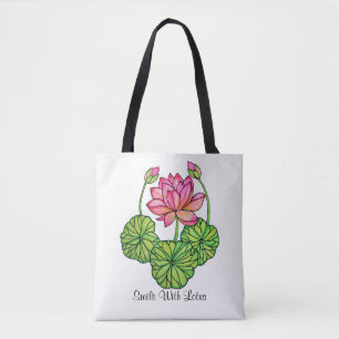 Watercolor Pink Lotus with Buds & Leaves Tote Bag