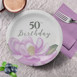 Watercolor Pink Magnolia 50th Birthday  Paper Plate