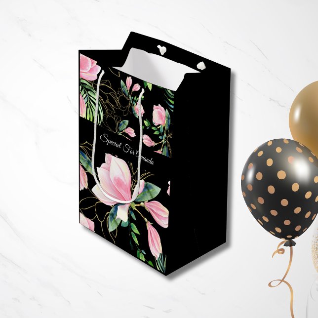 Watercolor Pink Magnolia Black Pattern Medium Gift Bag (Creator Uploaded)