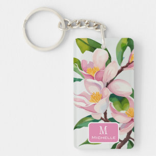 Watercolor Pink Magnolia Botanical Monogram Keychain