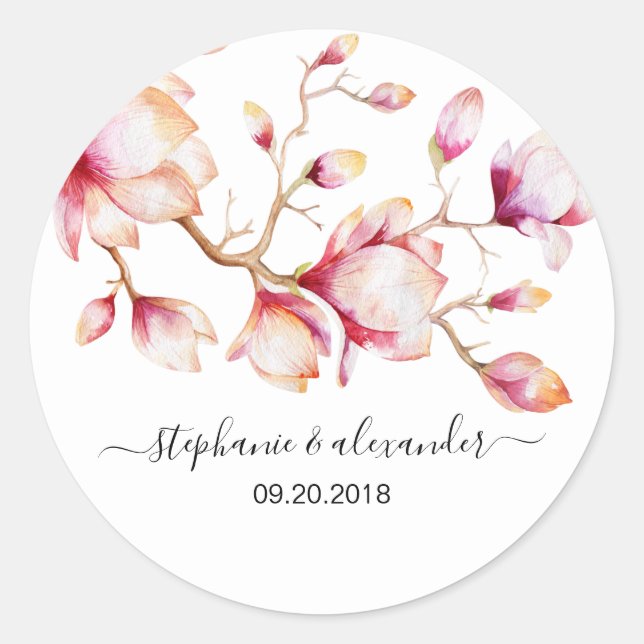 Watercolor Pink Magnolia Flowers Classic Round Sticker (Front)