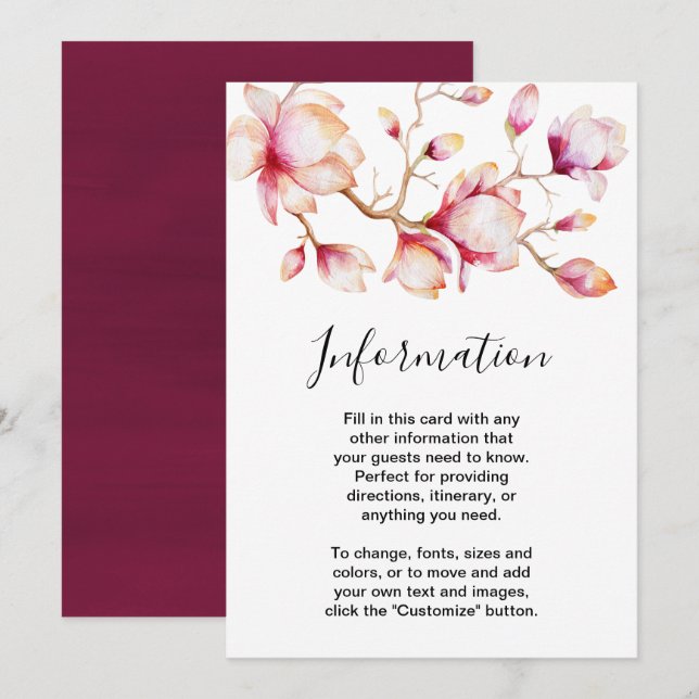 Watercolor Pink Magnolia Flowers Invitation (Front/Back)