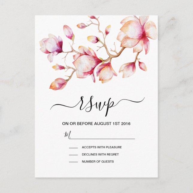 Watercolor Pink Magnolia Flowers Invitation Postcard (Front)