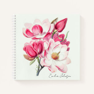 Watercolor Pink Magnolia Flowers Monogram Notebook