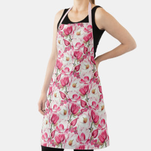 Watercolor Pink Magnolia Flowers Pattern Apron