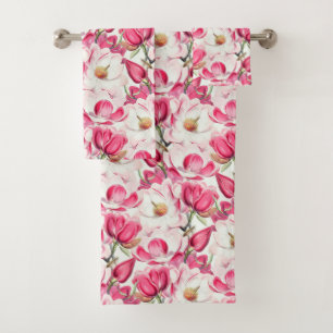 Watercolor Pink Magnolia Flowers Pattern Bath Towel Set
