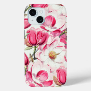 Watercolor Pink Magnolia Flowers Pattern iPhone 15 Case