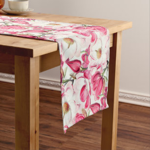 Watercolor Pink Magnolia Flowers Pattern Short Table Runner
