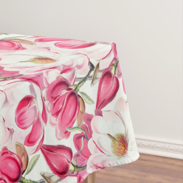 Watercolor Pink Magnolia Flowers Pattern Tablecloth (In Situ)