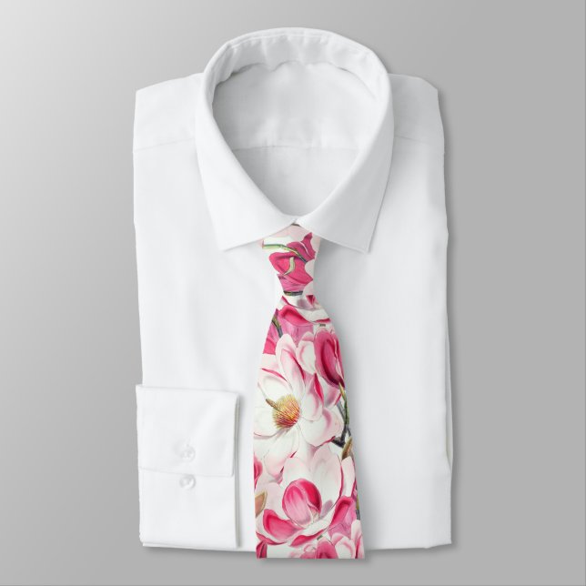Watercolor Pink Magnolia Flowers Pattern Tie (Tied)