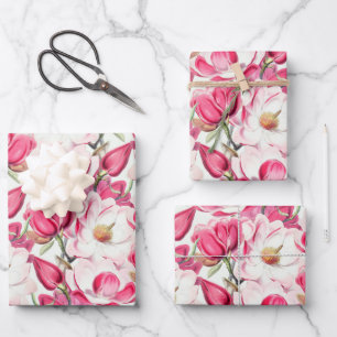 Watercolor Pink Magnolia Flowers Pattern Wrapping Paper Sheet