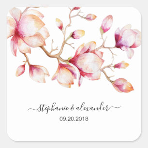 Watercolor Pink Magnolia Flowers Square Sticker