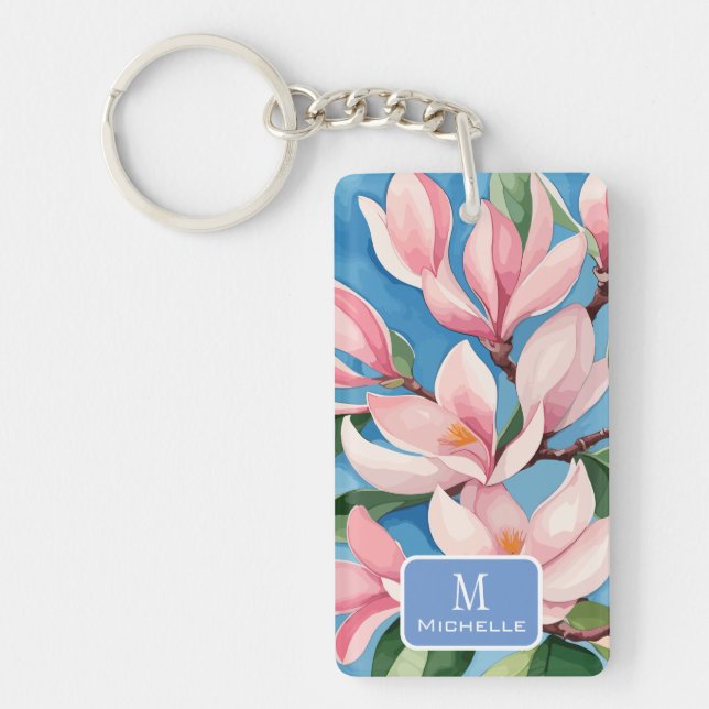 Watercolor Pink Magnolia Modern Art Blue Monogram Keychain (Front)