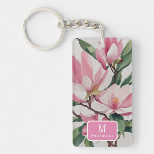 Watercolor Pink Magnolia Modern Art Monogram Keychain