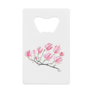 Watercolor Pink Magnolia Nature Botanical Floral Credit Card Bottle Opener