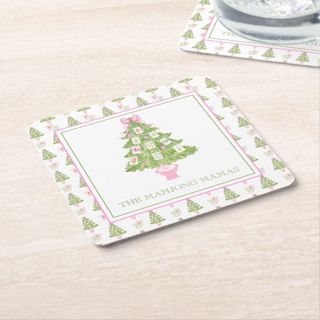 Watercolor Pink Mahjong Christmas Tree Party Square Paper Coaster (Angled)