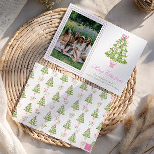 Watercolor Pink Mahjong Christmas Tree Photo Holiday Card
