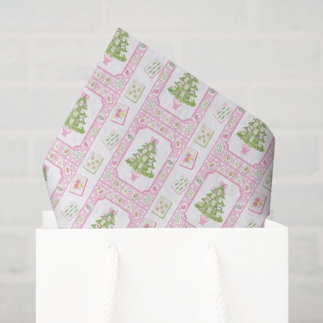 Watercolor Pink Mahjong Christmas Tree Tissue Paper (Gift Bag)