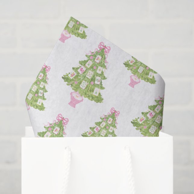 Watercolor Pink Mahjong Christmas Tree Tissue Paper (Gift Bag)