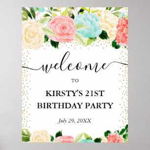 Watercolor Pink Mint Flowers Birthday Welcome Poster