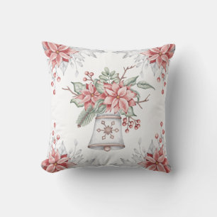 Watercolor Pink Mistletoe Christmas Bell  Throw Pillow