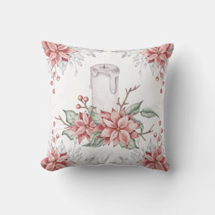 Watercolor Pink Mistletoe Christmas Candle    Throw Pillow