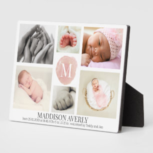Watercolor Pink Monogram Photo Collage Girl Birth  Plaque