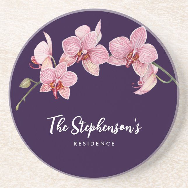 Watercolor Pink Moth Orchids Painting Coaster (Front)