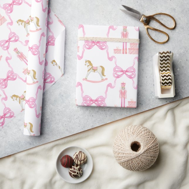 Watercolor Pink Nutcracker and Bows Wrapping Paper (Crafts)