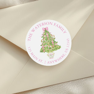 Watercolor Pink Nutcracker Christmas Tree Address Classic Round Sticker