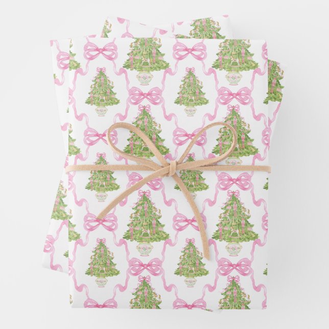 Watercolor Pink Nutcracker Christmas Tree Wrapping Paper Sheet (In situ)