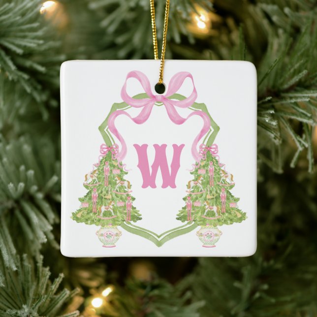 Watercolor Pink Nutcracker Monogram Crest Ceramic Ornament (Tree)