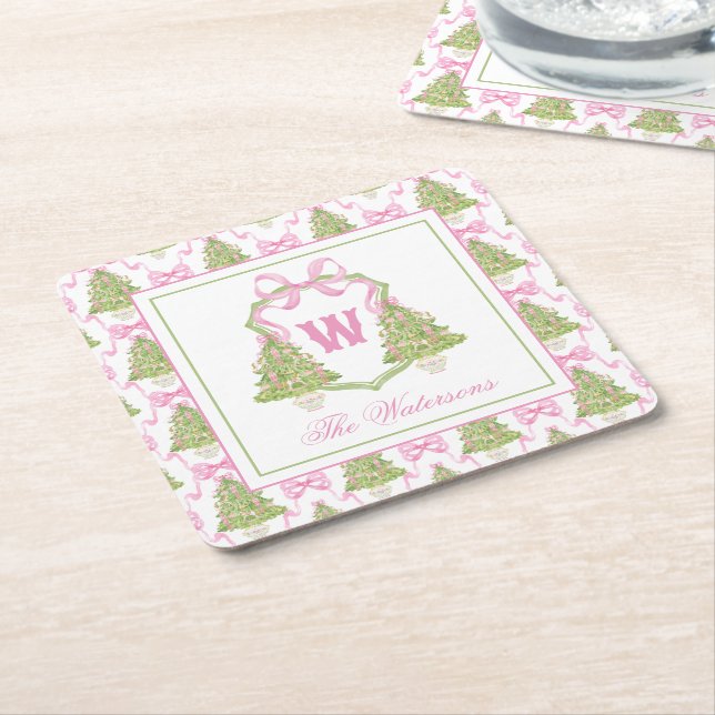 Watercolor Pink Nutcracker Monogram Crest Square Paper Coaster (Angled)