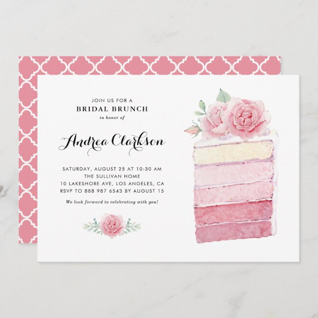 Watercolor Pink Ombre Cake Slice Bridal Brunch Invitation (Front/Back)
