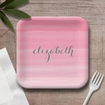 Watercolor Pink Ombre Feminine Monogram Name Paper Plate<br><div class="desc">A delicate yet chic design with soft stripes and unique typography. A beautiful and feminine collection that is perfect for any girly girl or even a bride. If you need to move items around,  click on the design area to make changes.</div>