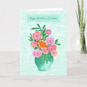 Watercolor Pink Orange and Coral Flowers Teal Vase Thank You Card