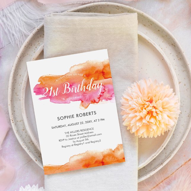 Watercolor Pink Orange Colour Splash 21st Birthday Invitation (Creator Uploaded)
