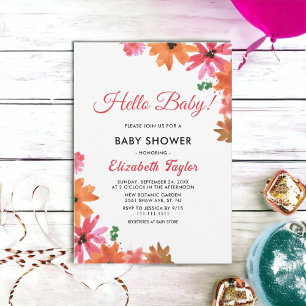Watercolor Pink Orange Fall Floral Baby Shower Invitation