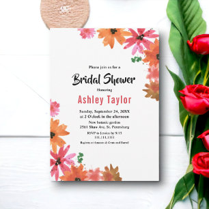 Watercolor Pink Orange Fall Floral Bridal Shower Invitation