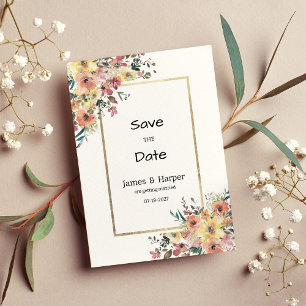 Watercolor pink orange gold floral Save the Date Invitation