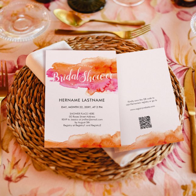 Watercolor Pink Orange QR Code Bridal Shower Invitation (Creator Uploaded)