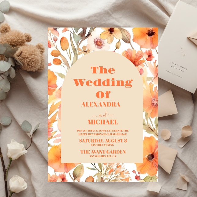 Watercolor Pink Orange Wildflowers Wedding Invitation (Creator Uploaded)