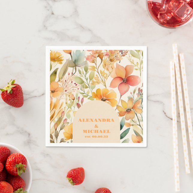 Watercolor Pink Orange Wildflowers Wedding Napkin (Insitu)